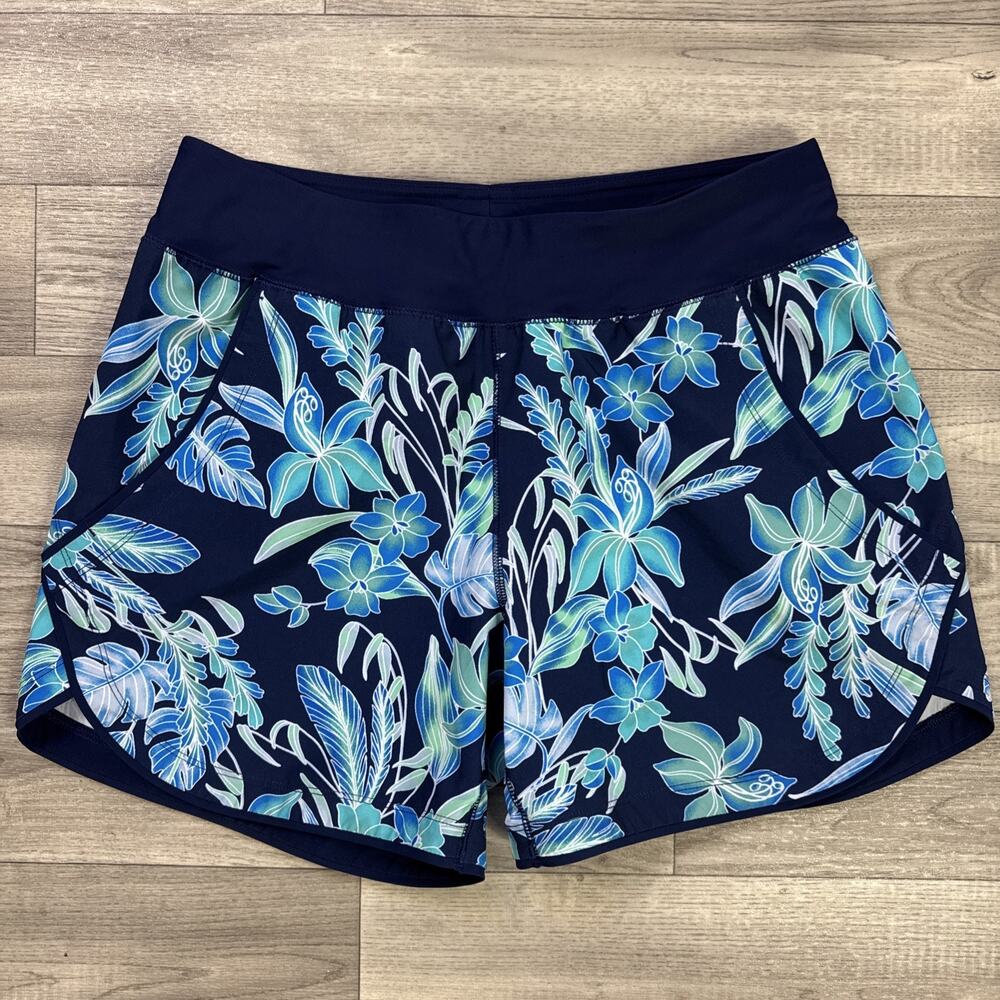 Lands End Board Swim Shorts 5" Inseam Navy Blue Floral Print sz 6